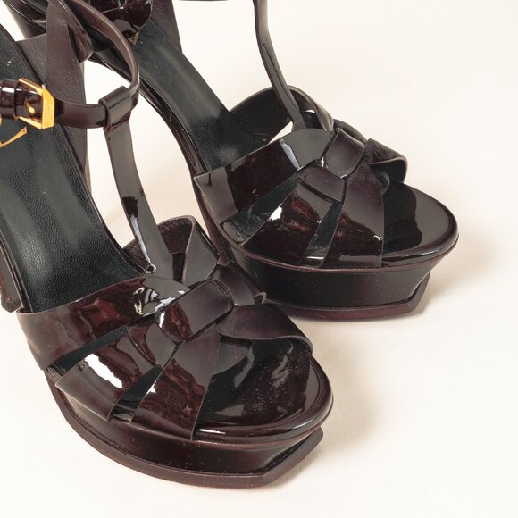 Saint Laurent Tribute Open Toe Bourgogne Patent Leather Platform Sandal - Picture 6 of 12